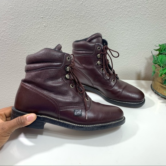 Justin Combat Work Boots Burgundy Man Made Leather - Picture 6 of 13
